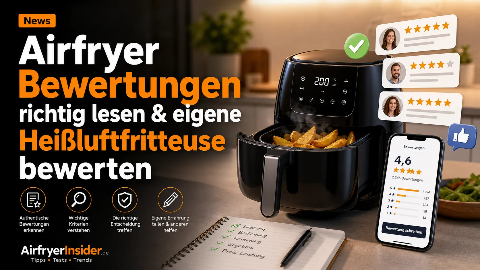 Airfryer mit Bewertungssternen und Nutzermeinungen als Hinweis, wie man Erfahrungen richtig liest und die eigene Heißluftfritteuse bewertet