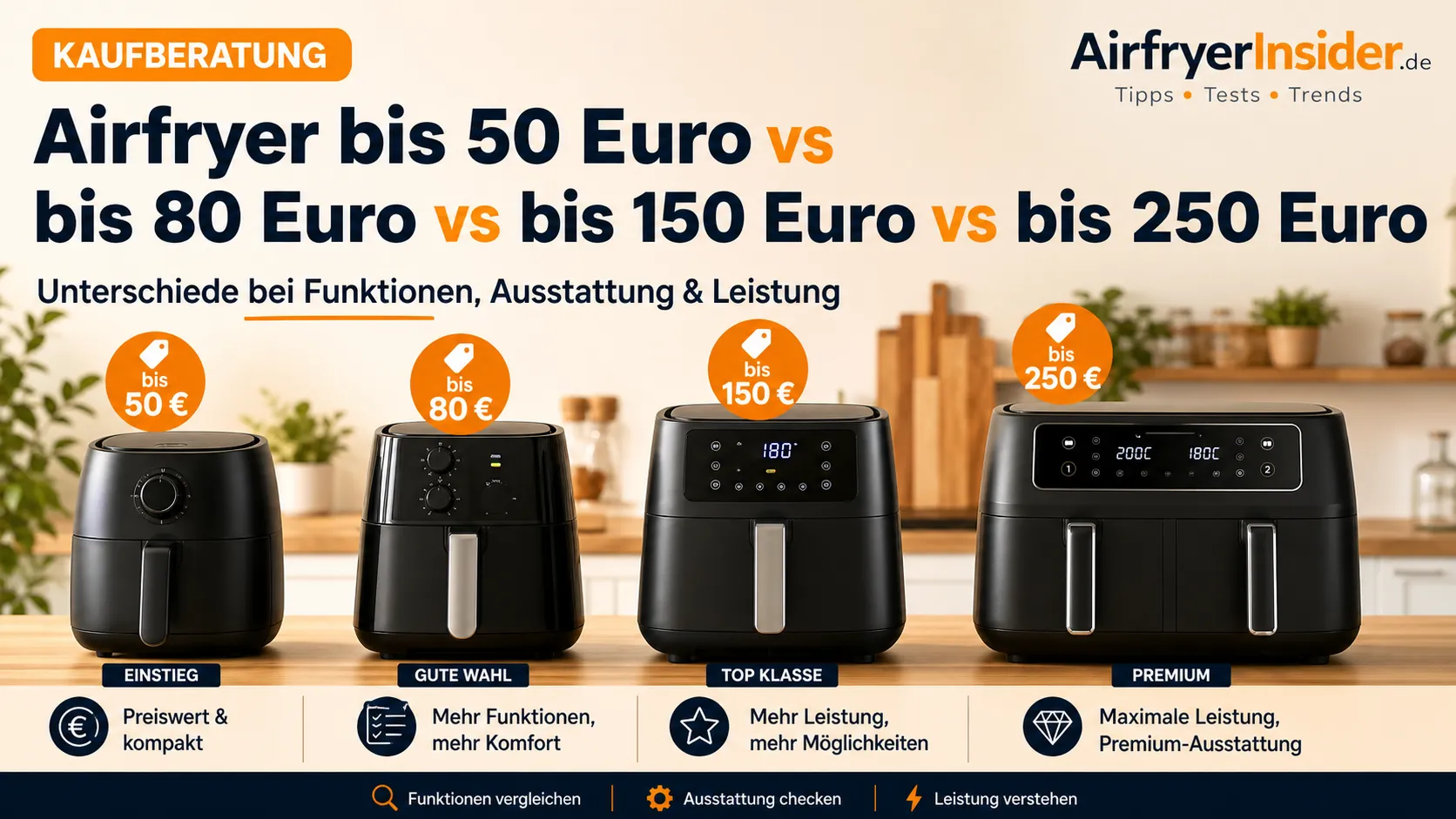 Vier Airfryer Preisklassen von 50 Euro bis 250 Euro im direkten Vergleich mit Funktionen, Ausstattung und Leistung als Entscheidungshilfe für den Kauf
