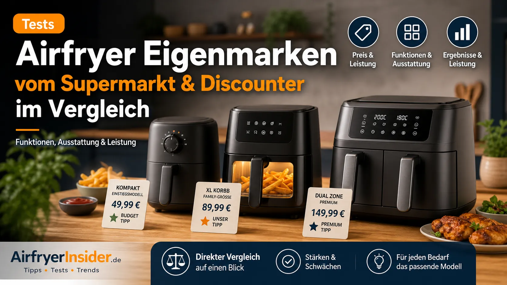 Mehrere Airfryer Eigenmarken vom Supermarkt und Discounter im direkten Vergleich mit Preis, Funktionen und Ausstattung als Entscheidungshilfe für den Kauf