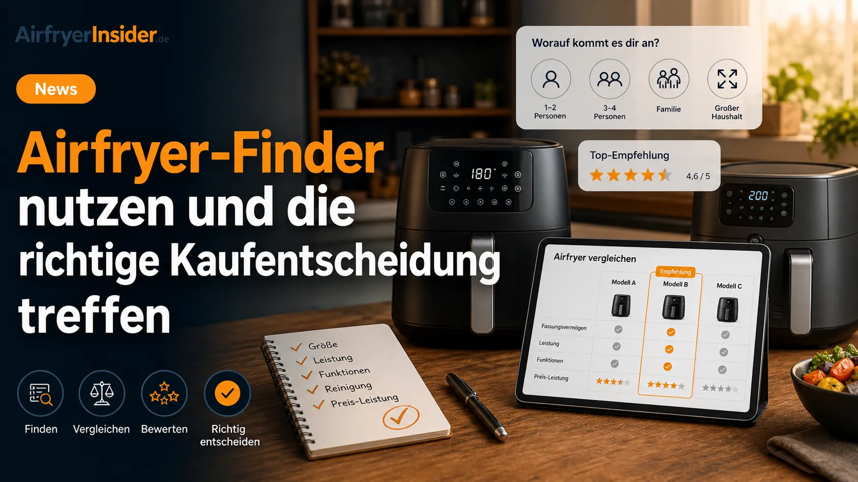 Airfryer-Finder mit Vergleich von Größe, Leistung und Funktionen für eine sichere Kaufentscheidung beim richtigen Airfryer