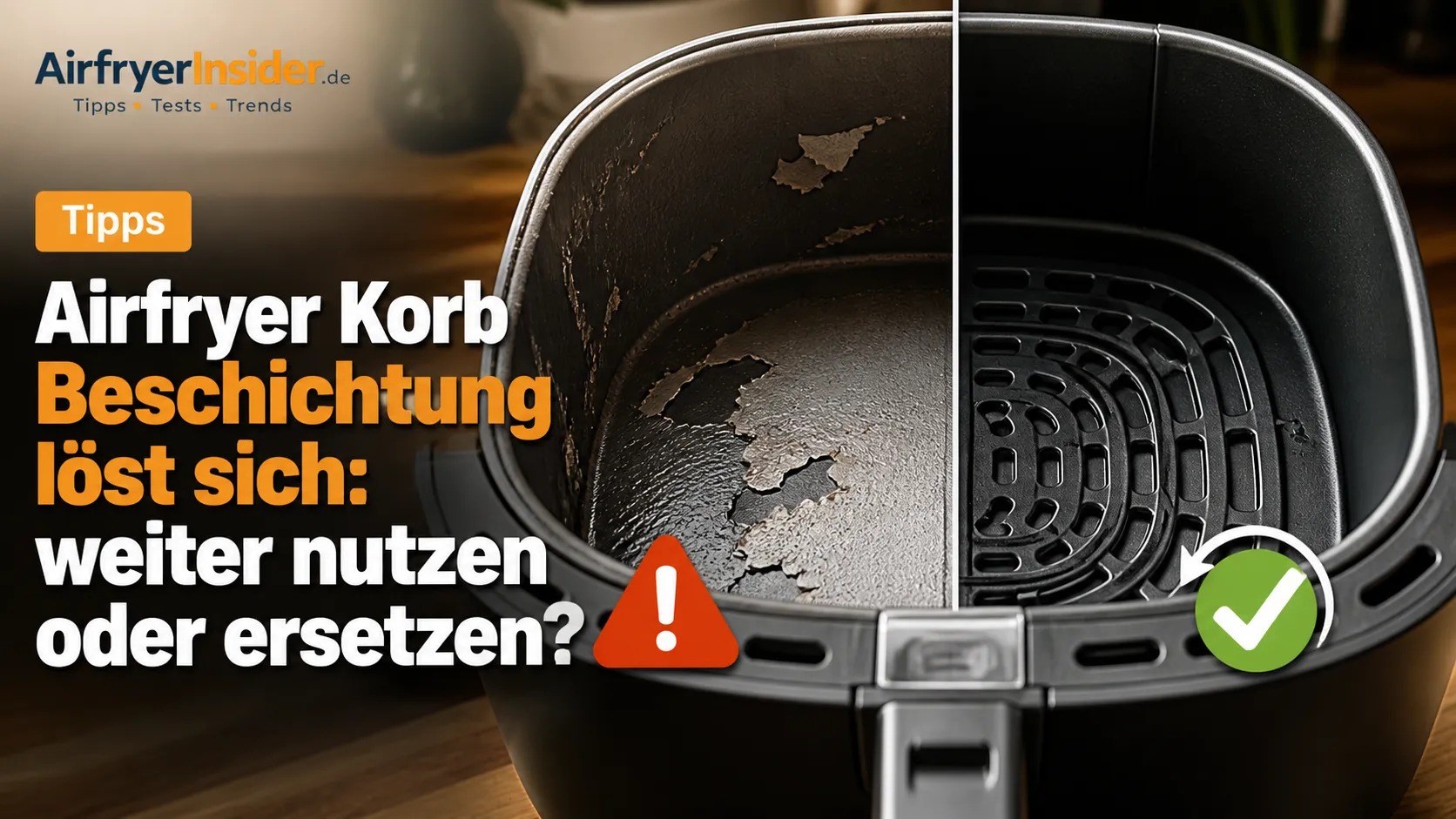 Beschädigter Airfryer Korb mit abgelöster Beschichtung und Hinweis, wann sich Weiterverwenden noch lohnt oder ein Ersatz sinnvoll ist
