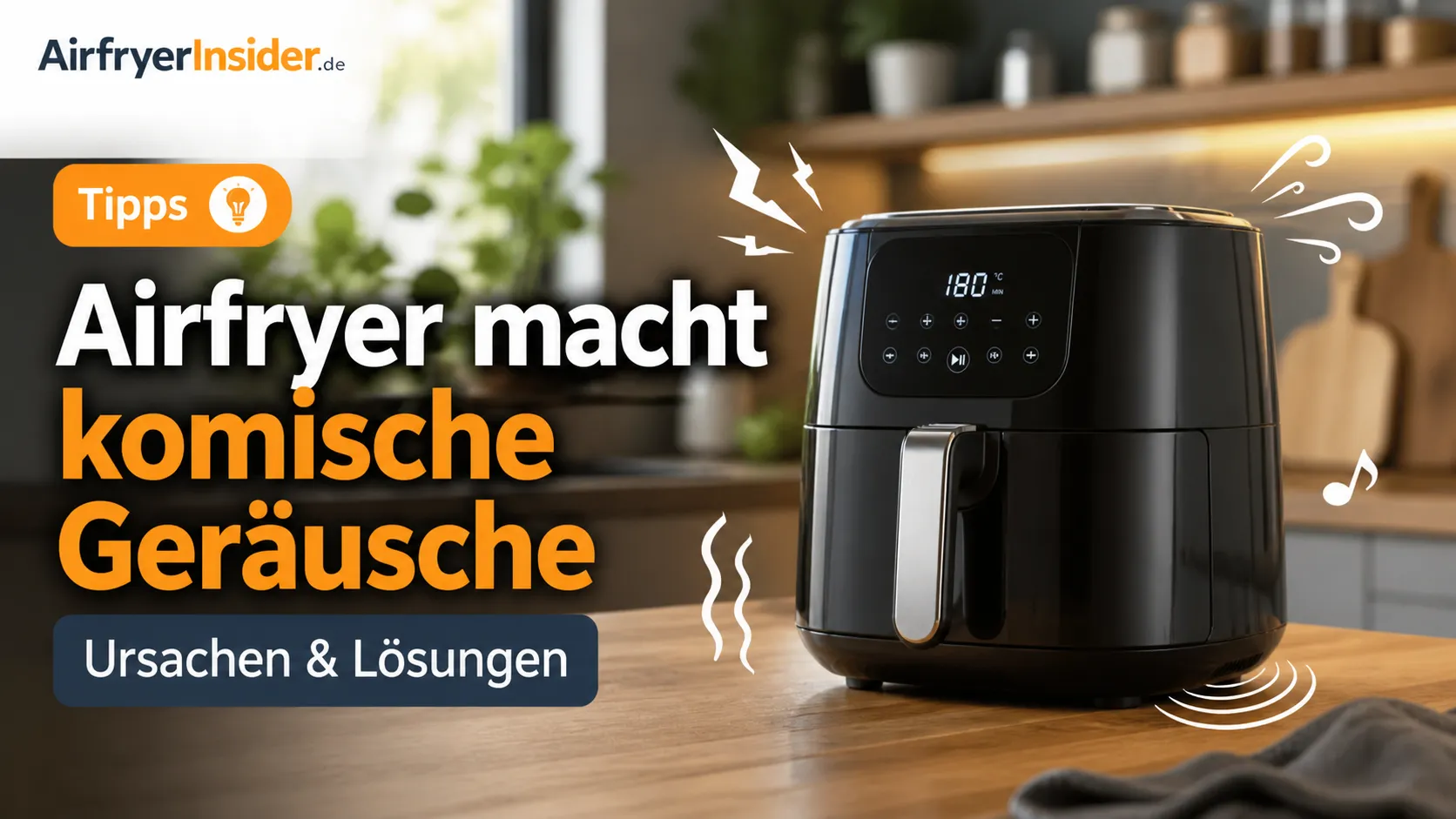 Airfryer auf der Küchenarbeitsplatte mit Symbolen für Brummen, Pfeifen und Vibrationen sowie Tipps zu möglichen Ursachen und Lösungen