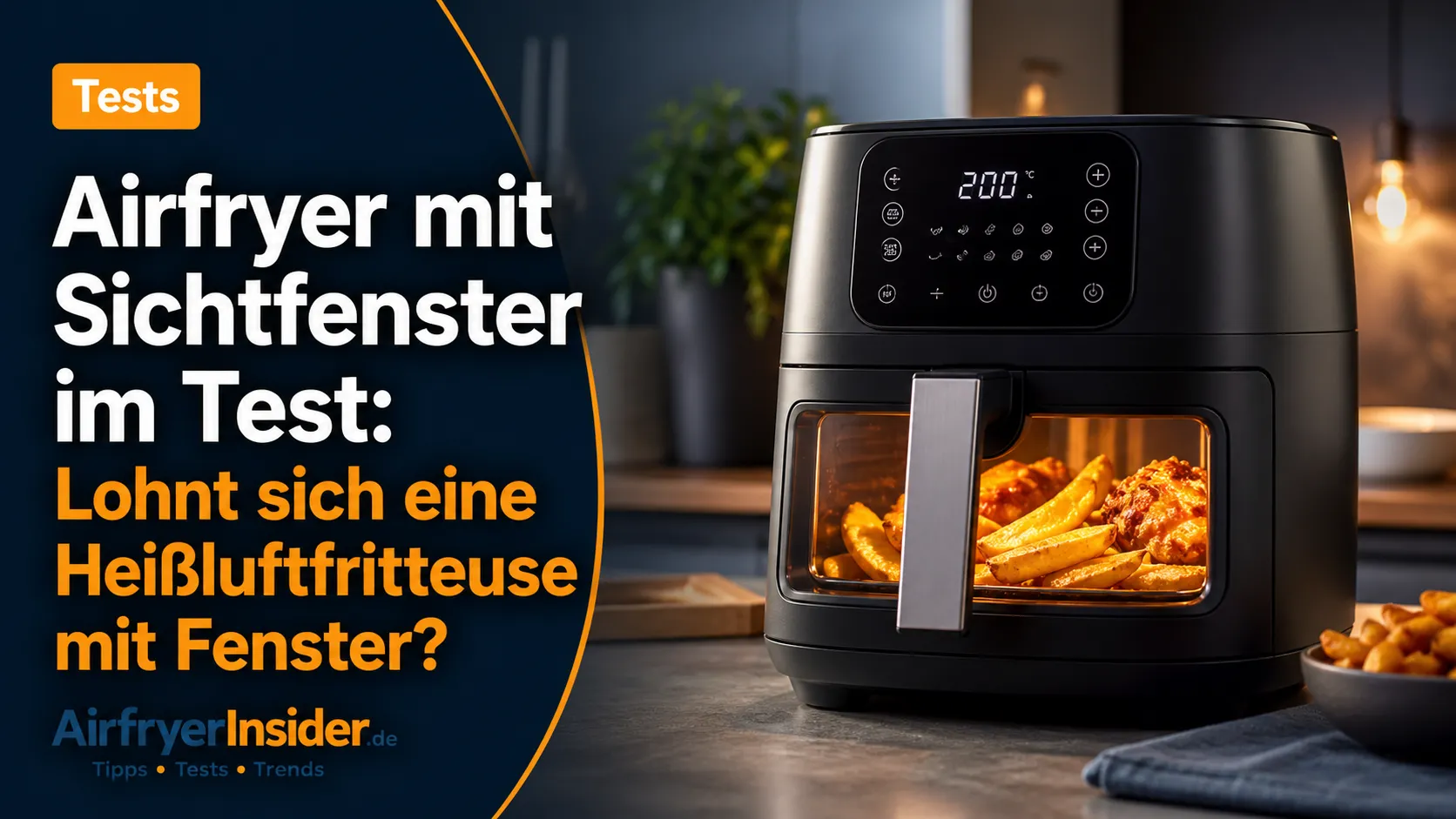 Moderner Airfryer mit Sichtfenster und beleuchtetem Garraum zeigt knusprige Pommes und Hähnchen im Test für Heißluftfritteusen mit Fenster