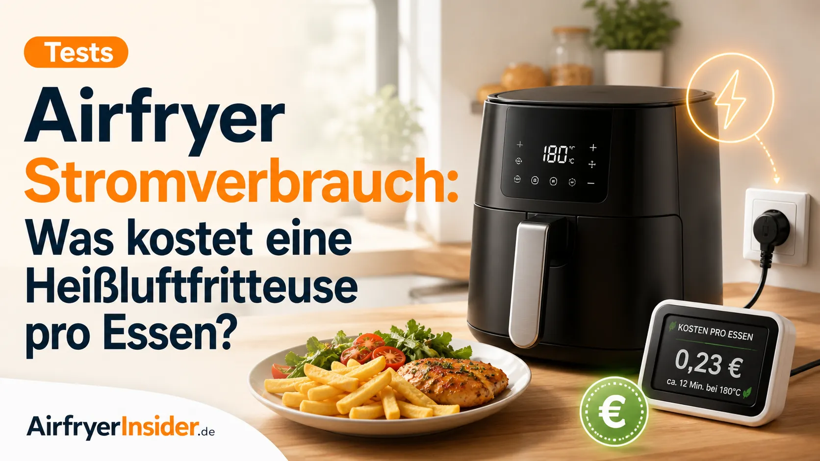 Airfryer mit Stromkosten Anzeige neben einem fertigen Essen und der Frage, wie viel eine Heißluftfritteuse pro Mahlzeit kostet