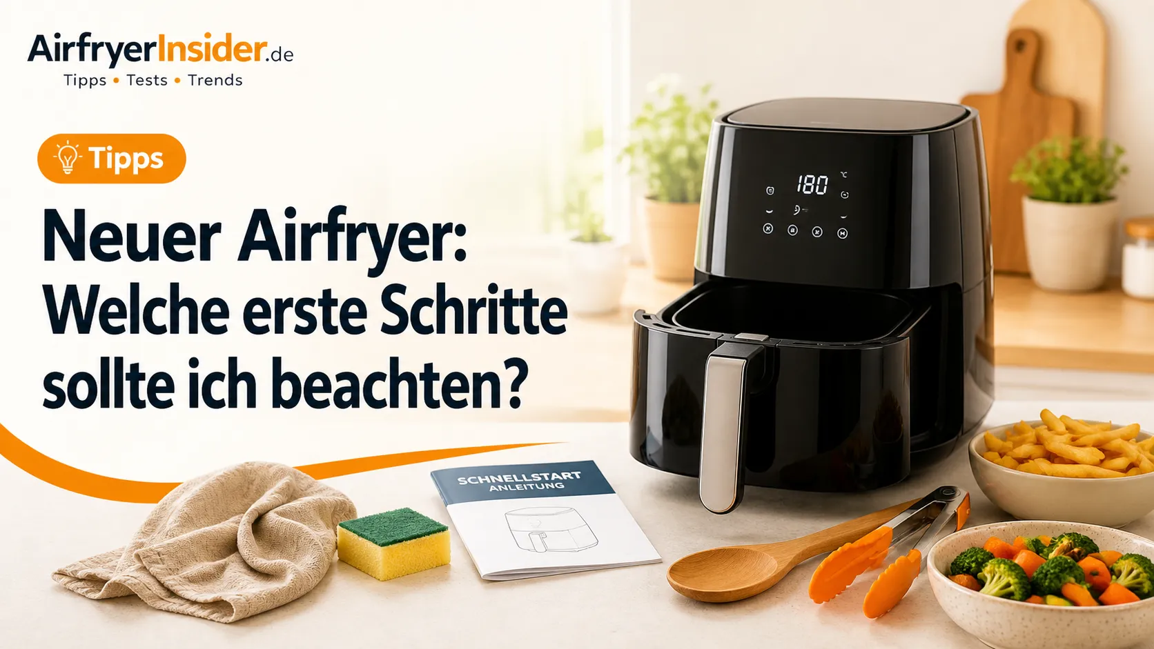 Neuer Airfryer auf der Küchenarbeitsplatte mit geöffnetem Korb, Anleitung, Reinigungstuch und einfachen Zutaten für den sicheren ersten Start