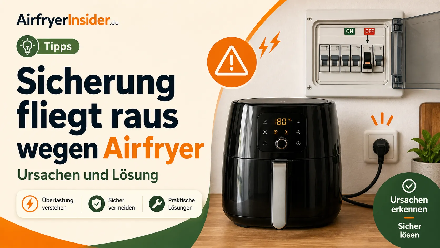 Airfryer an der Steckdose mit ausgelöster Sicherung als Warnhinweis, welche Ursachen dahinterstecken und wie sich das Problem sicher lösen lässt