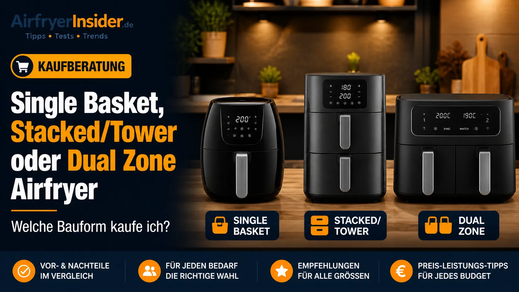 Drei Airfryer Bauformen im Vergleich mit Single Basket, Tower und Dual Zone für die richtige Kaufentscheidung in der Küche