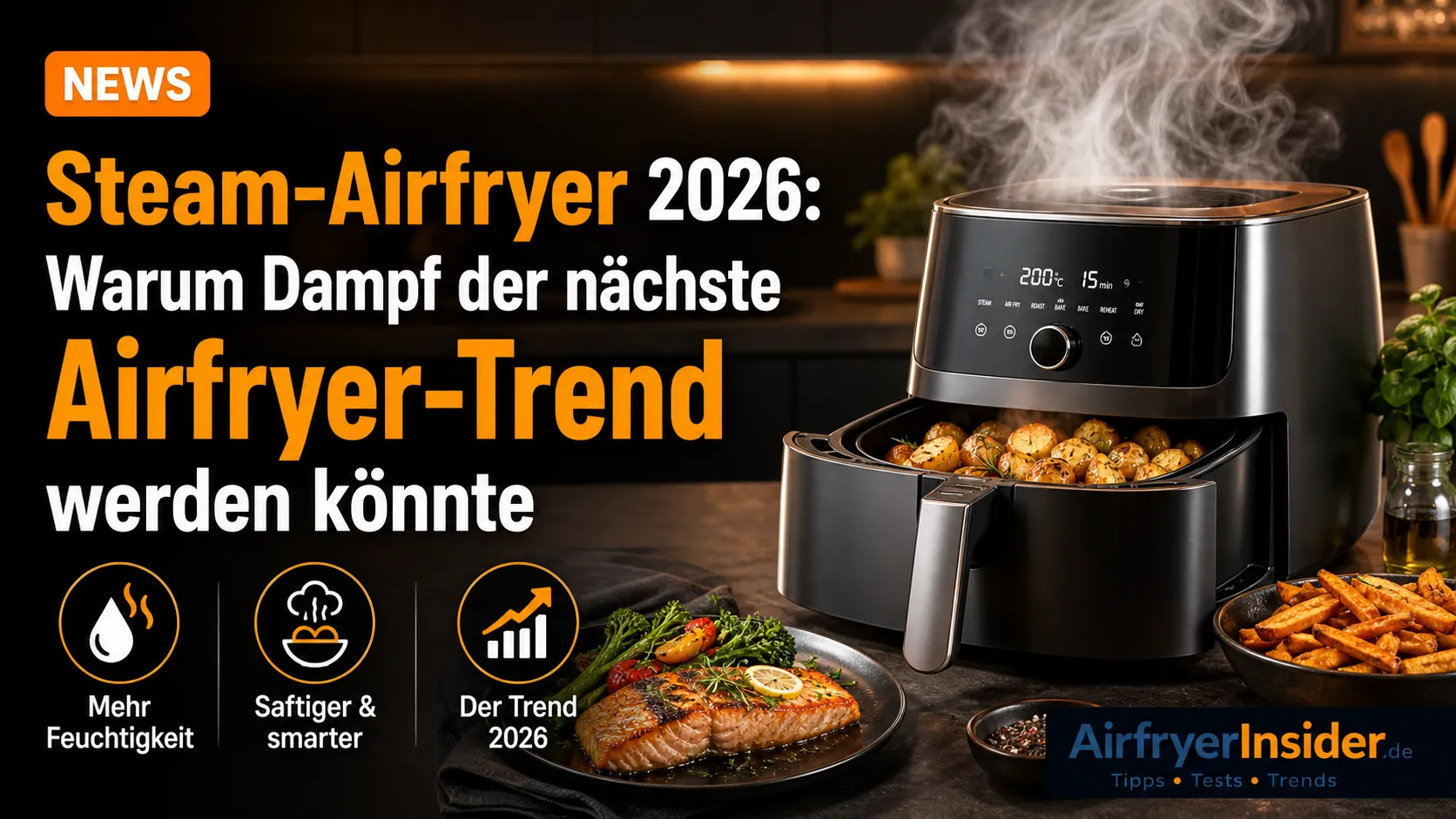 Moderner Steam-Airfryer mit sichtbarem Dampf und frischem Essen: Warum Heißluftfritteusen 2026 saftiger, smarter und vielseitiger werden könnten