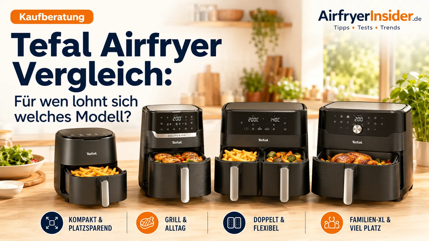 Mehrere Tefal Airfryer im Vergleich auf einer hellen Küchenarbeitsplatte mit der Frage, welches Modell am besten zum eigenen Alltag passt
