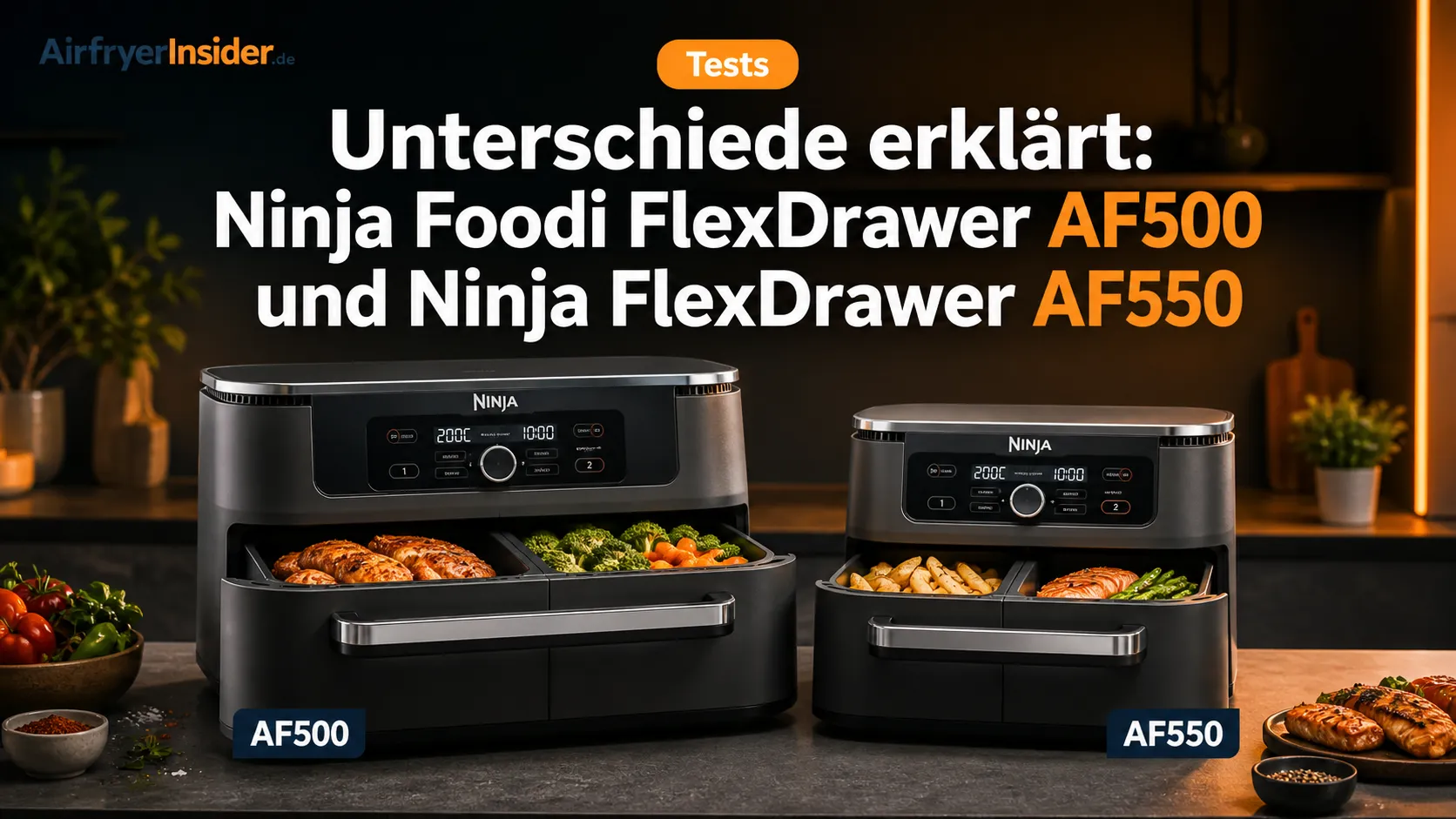 Großer Ninja Foodi FlexDrawer AF500 und kompakter Ninja FlexDrawer AF550 im direkten Vergleich für alle, die den passenden Airfryer für Küche, Alltag und Familie suchen