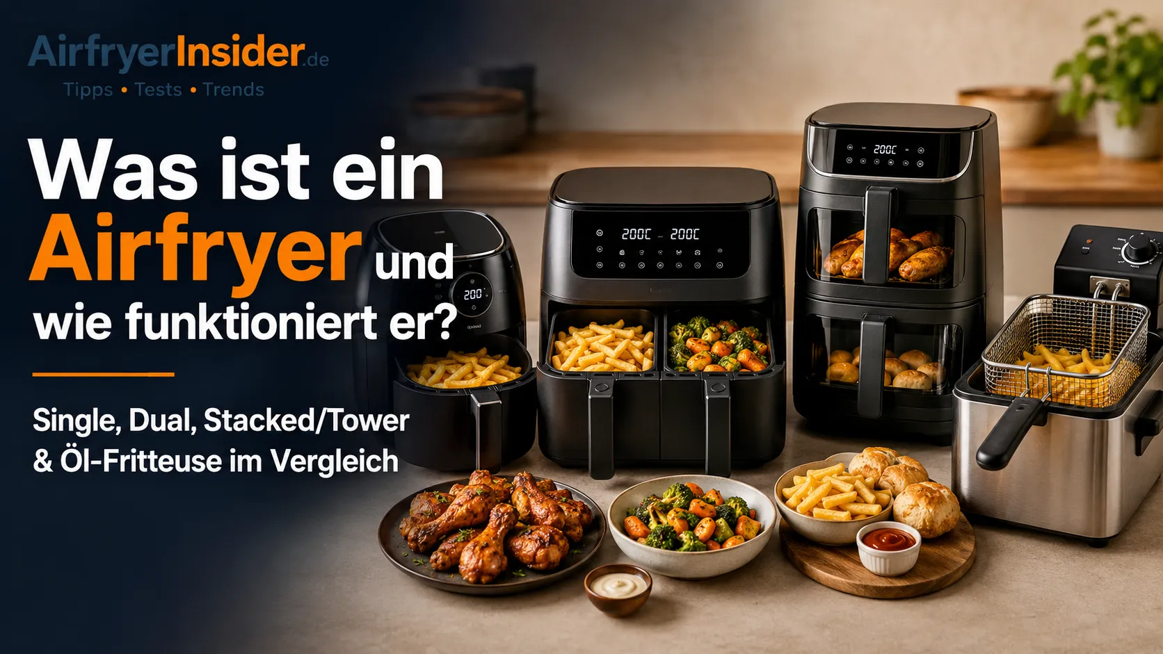 Verschiedene Airfryer Bauformen mit Single Basket, Dual Zone, Stacked Tower und klassischer Öl-Fritteuse im direkten Vergleich für alle, die verstehen möchten, wie eine Heißluftfritteuse funktioniert