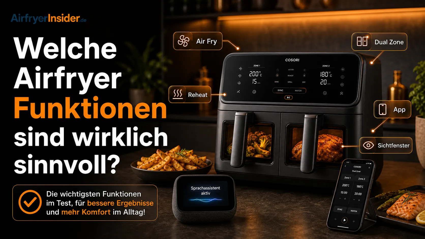 Moderner Dual Zone Airfryer mit Sichtfenster, App-Steuerung und Sprachassistent als Entscheidungshilfe für sinnvolle Airfryer Funktionen im Alltag
