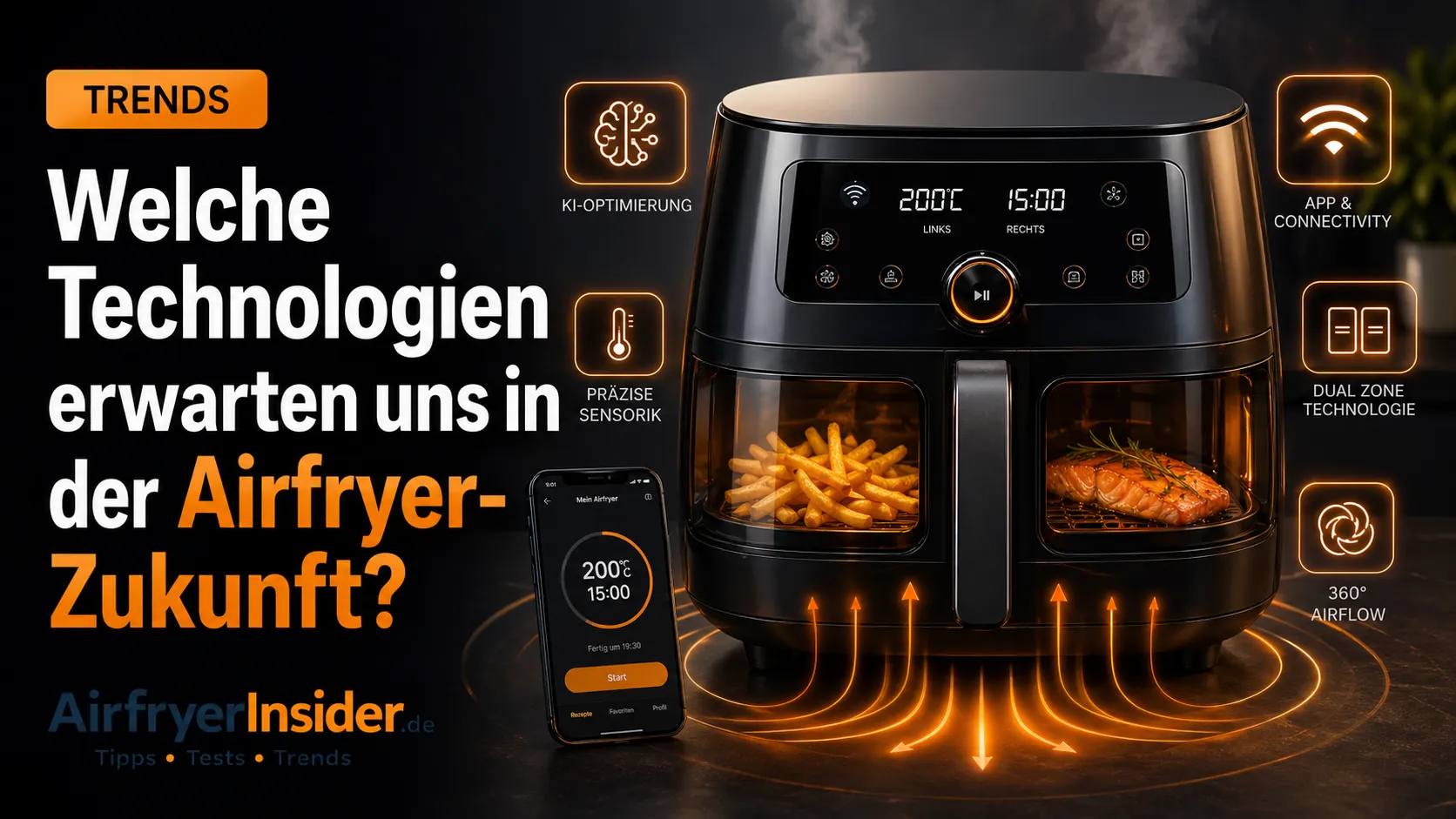 Futuristischer Airfryer mit smarter Technik, Sensoren, App-Steuerung und Dampf zeigt, wie die Heißluftfritteuse der Zukunft aussehen könnte