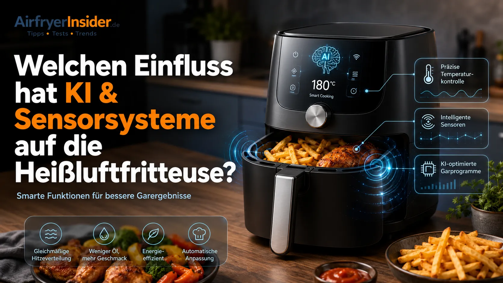 Moderner Airfryer mit KI, Sensorsystemen und smarten Garprogrammen, die zeigen, wie Heißluftfritteusen künftig präzisere und bessere Garergebnisse ermöglichen