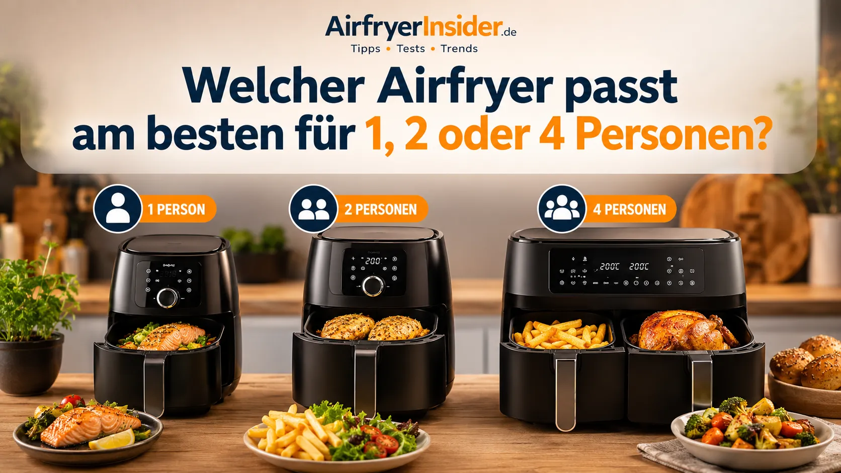 Welcher Airfryer passt zu deinem Haushalt? Drei Airfryer-Größen für 1, 2 und 4 Personen mit knusprigen Speisen in moderner Küche