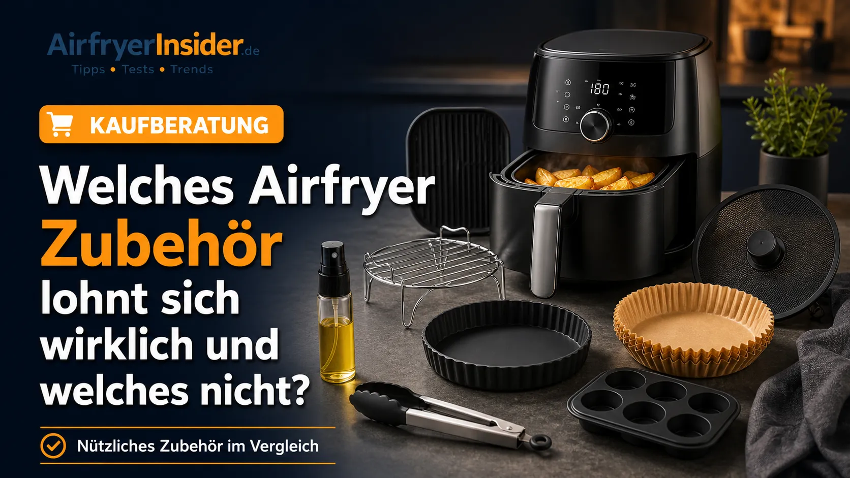 Airfryer mit sinnvollem Zubehör wie Öl-Sprüher, Backform, Rost und Zange für bessere Ergebnisse in der Küche