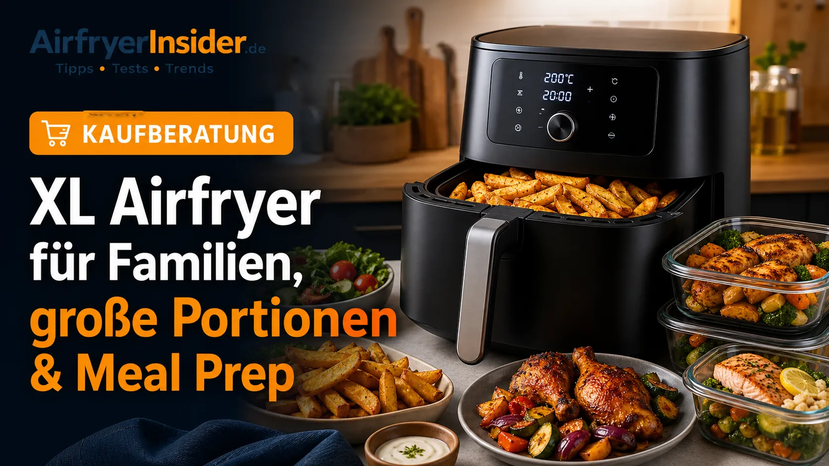 Großer XL Airfryer mit Familienportionen, Meal Prep Boxen und knusprigen Kartoffeln für entspannte Alltagsküche